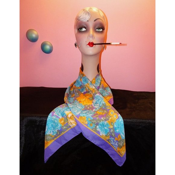 Vintage Blue & Purple Extra Large Floral Scarf square shaped flowers leaves 70s - Picture 2 of 16